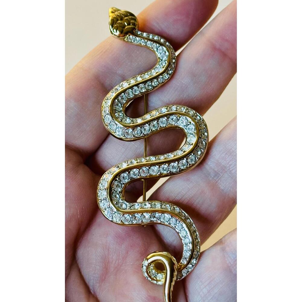 Elegant Gold Snake Brooch with Rhinestones by Swarovski - Picture 6 of 9
